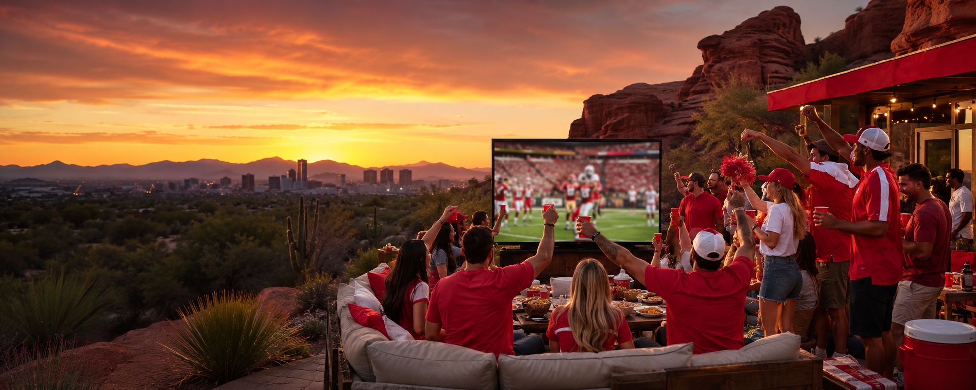 Arizona sunset watch party with fans wearing red and white