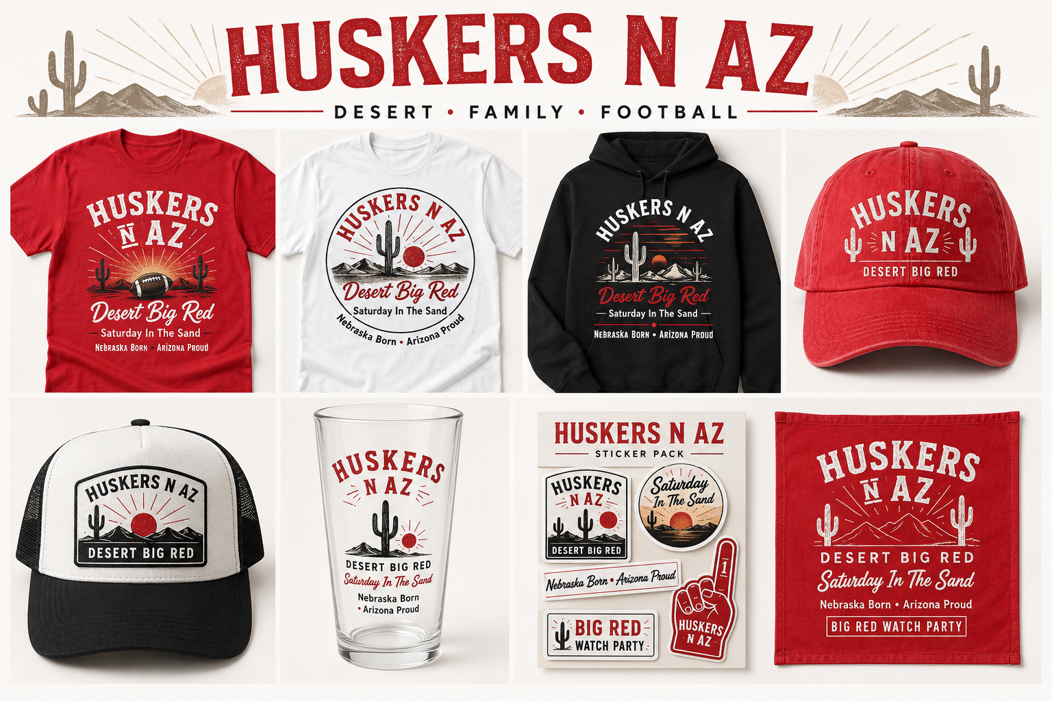Huskers N AZ gear collection including shirts, hats, hoodie, pint glass, stickers, and towel